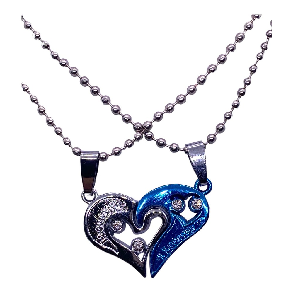 His Her Lovers Husband Wife Couples SILVER & BLUE Heart Necklaces Set Gift Box